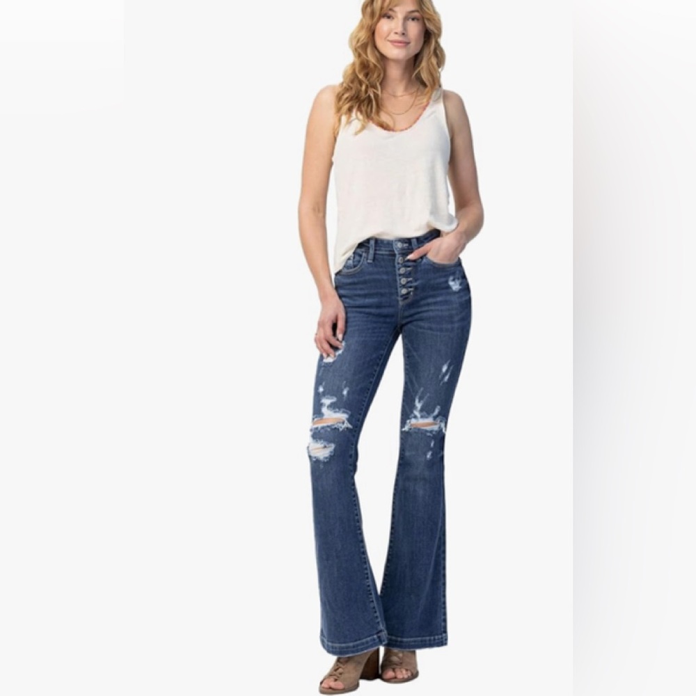 JUDY BLUE mid- rise button fly distressed Trouser Flare jeans